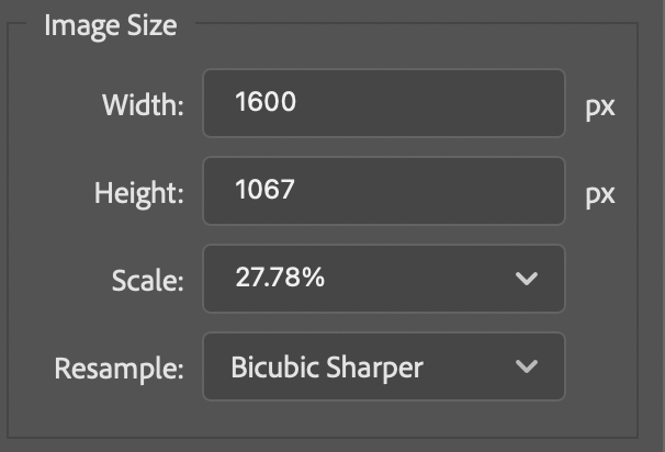 Screen capture showing Export As Image Size settings with a scale value of 27.78%.